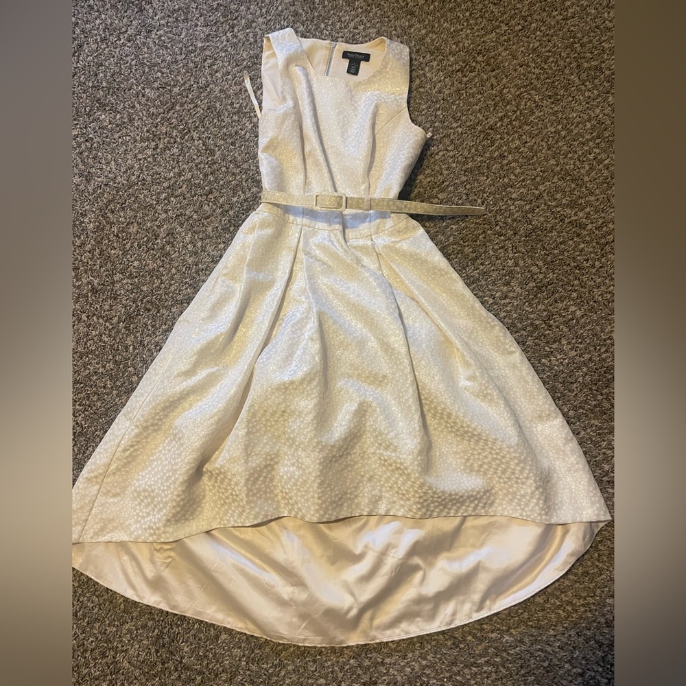 White House Black Market high low above knee dress sparkly off white with belt